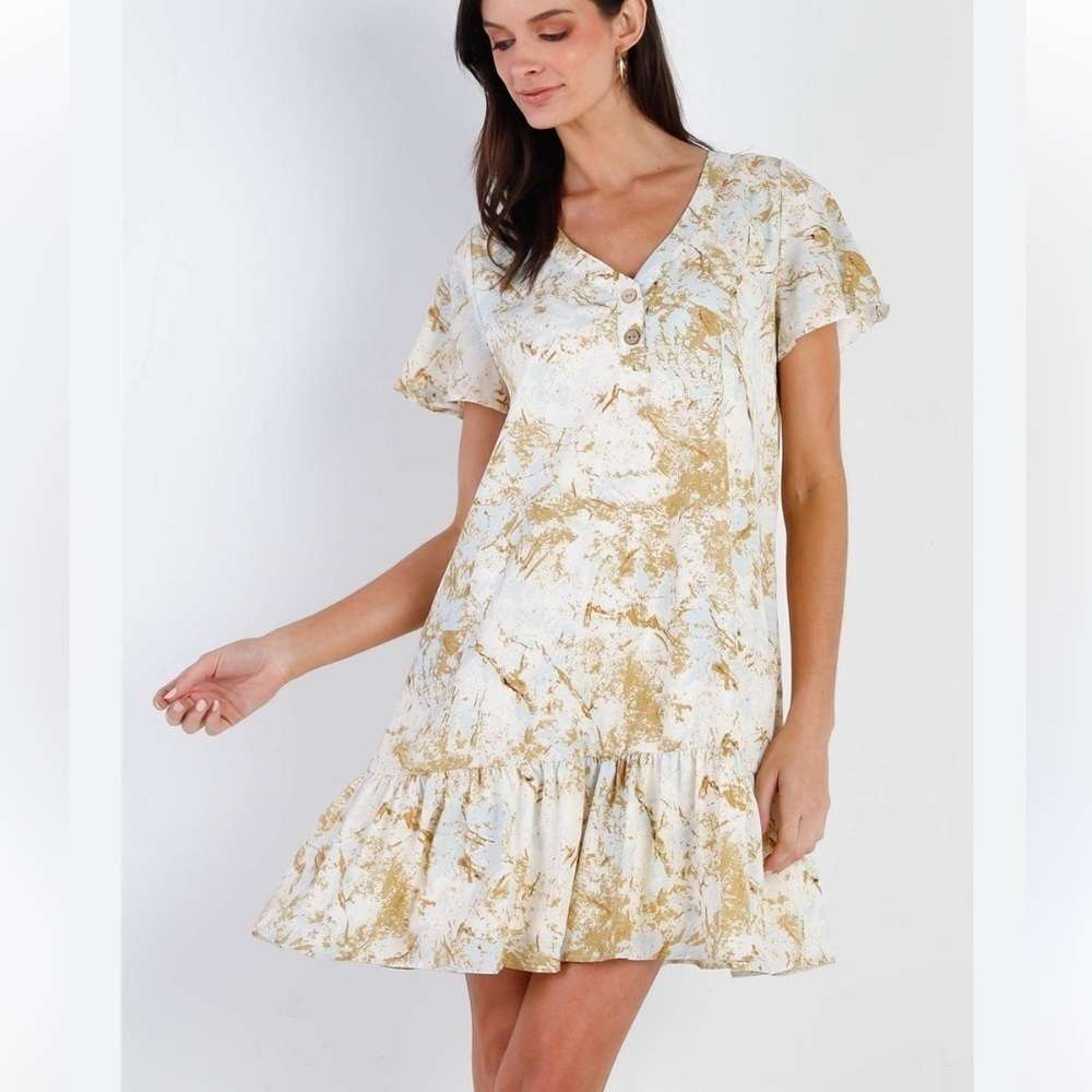 Lassiter Abstract Design Drop Waist Ruffle Hem Dress size M